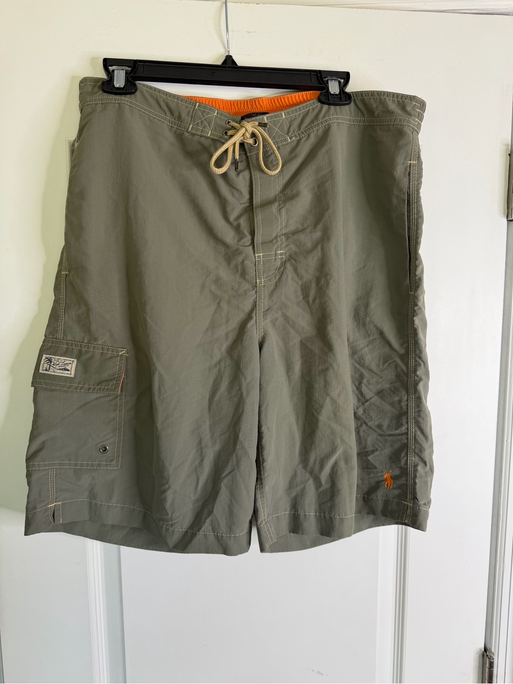 Polo by Ralph Lauren Olive Cargo Swim Shorts with Orange Logo. Size L.